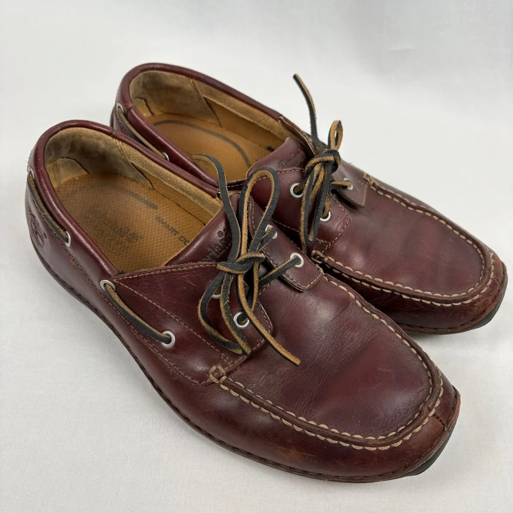 Timberland Boat Shoes Mens 9 Brown Leather Two-Eyed Smart Comfort Casual Loafers
